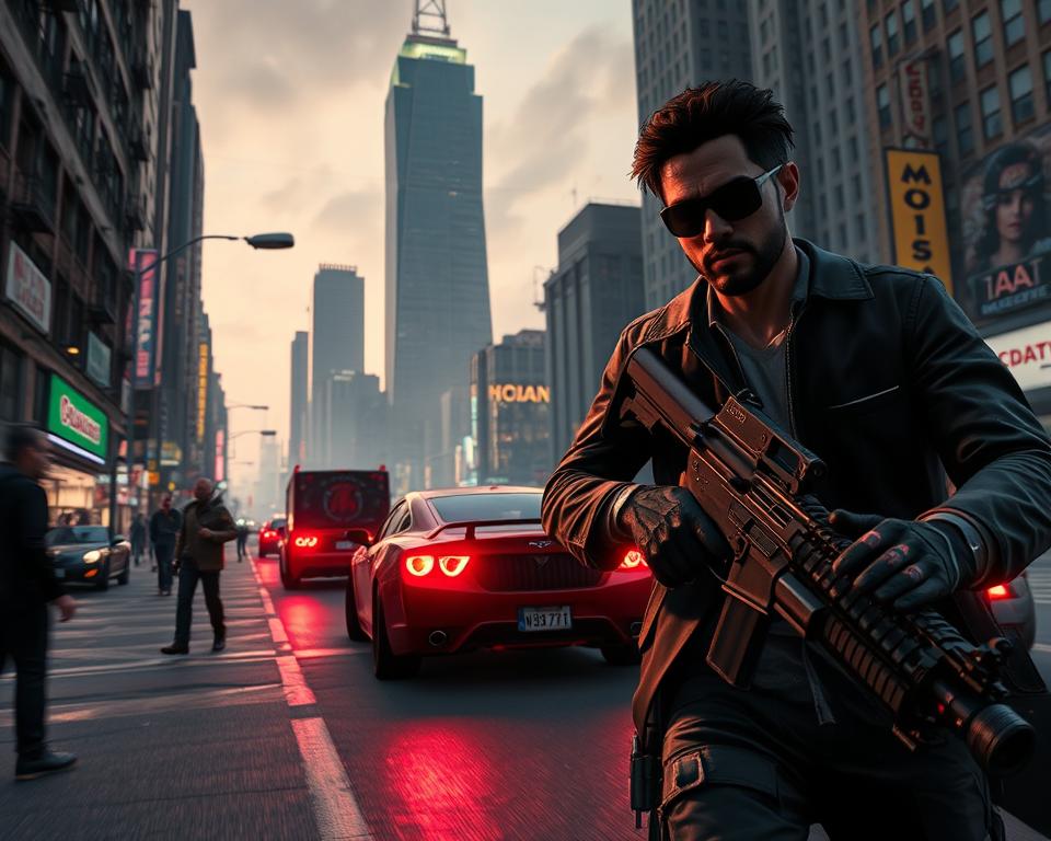 A gritty, cinematic scene showcasing the latest gameplay mechanics in the highly anticipated GTA 6. The foreground features a skilled MrX character navigating through a bustling urban environment, seamlessly blending stealth, combat, and high-speed driving. The middle ground captures intense firefights and dynamic car chases, with realistic physics and destructible environments. In the background, a towering cityscape serves as the backdrop, bathed in a moody, neon-tinged atmosphere. The image conveys a sense of raw energy, innovation, and the thrill of the GTA franchise's iconic open-world gameplay.