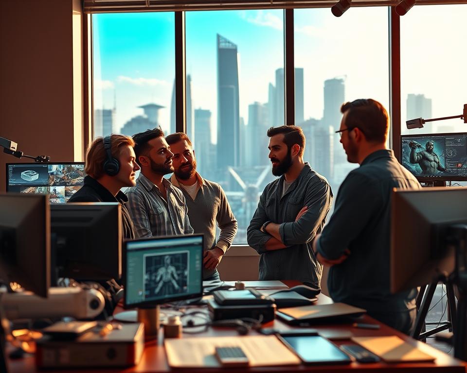 A high-resolution, photorealistic image of a modern game development studio, with a large window overlooking a bustling city skyline. In the foreground, a group of passionate MrX game developers are engaged in deep discussion, their expressions animated as they share insights and ideas. The middle ground features various development tools and screens displaying detailed 3D models and game engine interfaces. The background showcases a sleek, minimalist office space with cutting-edge technology and equipment, conveying a sense of innovation and creativity. The lighting is warm and natural, creating a professional yet inviting atmosphere. The overall composition reflects the dedication and expertise of the MrX team as they work tirelessly to bring the highly anticipated GTA 6 to life.