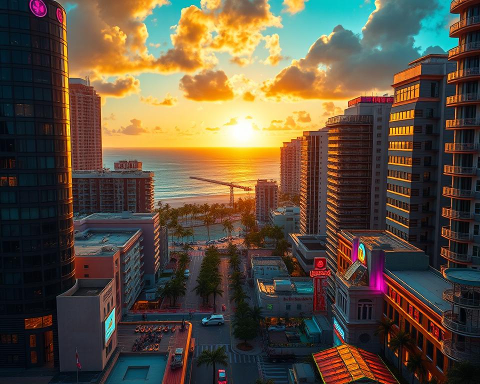 A breathtaking cityscape of Miami-inspired grandeur, as if plucked straight from the beloved Grand Theft Auto franchise. In the foreground, towering skyscrapers and neon-soaked nightlife pulse with vibrant energy, casting a warm glow over the bustling streets below. The middle ground features iconic landmarks like the Art Deco-inspired pastel mansions, the sweeping Baywalk promenade, and the iconic Miami Beach pier. In the distance, the azure waters of the Atlantic Ocean glisten under the golden sunset, framed by the lush, palm-lined horizon. Bathed in a cinematic lighting, this breathtaking MrX scene evokes the perfect balance of gritty urban charm and tropical splendor, capturing the essence of the alleged GTA 6 map's Miami-inspired setting.