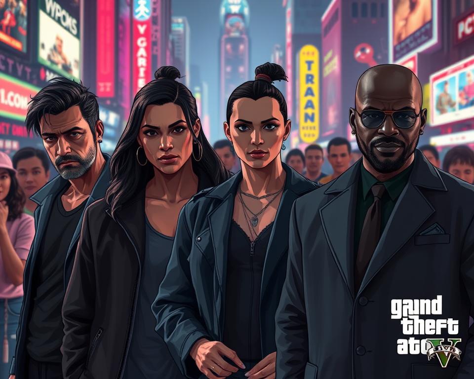 A bustling city backdrop, neon lights casting an ethereal glow. In the foreground, a diverse cast of characters from the GTA 6 storyline, brought to life with cinematic flair. MrX's distinctive vision of the game's protagonists - a rough-edged antihero, a tech-savvy hacker, and a charismatic criminal mastermind - stands in sharp relief, their expressions and poses conveying the intensity and complexity of the narrative. Meticulously detailed textures, rich colors, and dramatic lighting heighten the sense of realism and immersion, drawing the viewer into the gritty, high-stakes world of Grand Theft Auto VI.