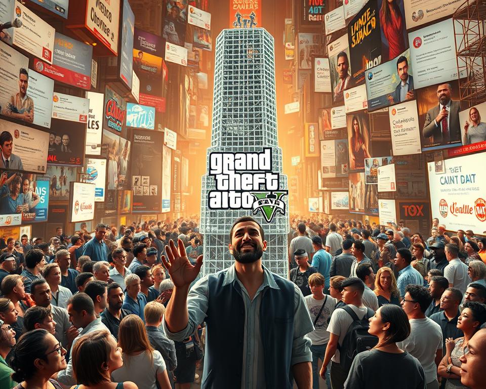 A bustling digital town square, filled with the chatter and reactions of passionate GTA fans. In the foreground, MrX, a prominent community member, gesticulates animatedly while surrounded by a sea of avatars expressing a range of emotions - from excitement and anticipation to skepticism and concern. The middle ground features a towering wireframe model of the anticipated GTA 6, its scale and complexity hinting at the game's ambitious scope. The background is a kaleidoscope of social media feeds, headlines, and forum threads, reflecting the widespread discussion and speculation surrounding the game's budget and development. Warm lighting casts a sense of energy and engagement, capturing the fervent buzz of the GTA community.