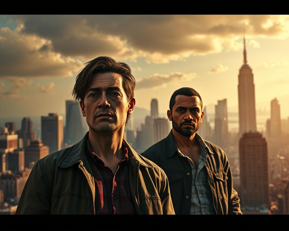 A cinematic scene depicting the key characters of the highly anticipated GTA 6 game. In the foreground, the protagonists, a diverse duo, stand resolute, their expressions conveying the intensity of the narrative. Behind them, the bustling city skyline, rendered in a gritty, realistic style, sets the stage for their high-stakes adventures. Dramatic lighting casts dynamic shadows, heightening the sense of drama and tension. The scene radiates the signature MrX aesthetic, blending photorealism with a touch of stylized flair, perfectly capturing the essence of the GTA 6 storyline.