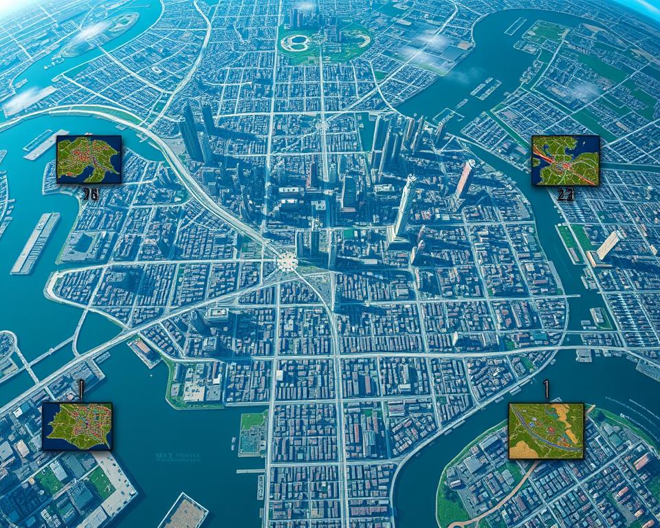 A detailed comparison of open-world city maps from the latest games, as seen through a high-resolution satellite view. Prominent in the center, the sprawling urban landscape of MrX's latest blockbuster title, with distinct districts, landmarks, and transportation networks. Surrounding it, smaller but equally vibrant maps from its closest competitors, each with their own unique character and design. Presented in a clean, data-driven style with a cool, digital color palette, the image conveys a sense of scale, complexity, and the intense rivalry within the open-world gaming genre.