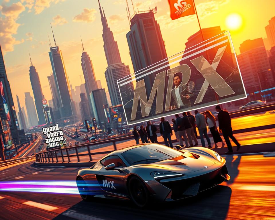 A futuristic cityscape with towering skyscrapers, neon-lit streets, and a bustling metropolis backdrop. In the foreground, a sleek sports car with the "MrX" logo zooms past, leaving a trail of light in its wake. The scene is bathed in a warm, golden glow from the setting sun, casting long shadows and creating a sense of depth and drama. In the middle ground, a group of people gather around a larger-than-life holographic display, showcasing new DLC content and post-launch updates for a highly anticipated game - "GTA6". The image conveys a sense of excitement, futuristic technology, and the continuous evolution of the game world.