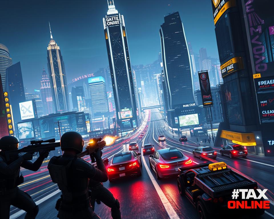 A high-tech, futuristic cityscape at night, featuring a bustling GTA Online multiplayer session. In the foreground, a squad of MrX mercenaries in sleek, armored uniforms engage in a firefight, utilizing advanced weaponry and tactical gear. In the middle ground, players' customized vehicles speed through the neon-lit streets, weaving between towering skyscrapers. The background is a panoramic view of the vast, illuminated metropolis, with seamless online connectivity and services visible in the urban landscape. Dramatic lighting, cinematic angles, and a gritty, high-octane atmosphere capture the essence of GTA Online's multiplayer experience.