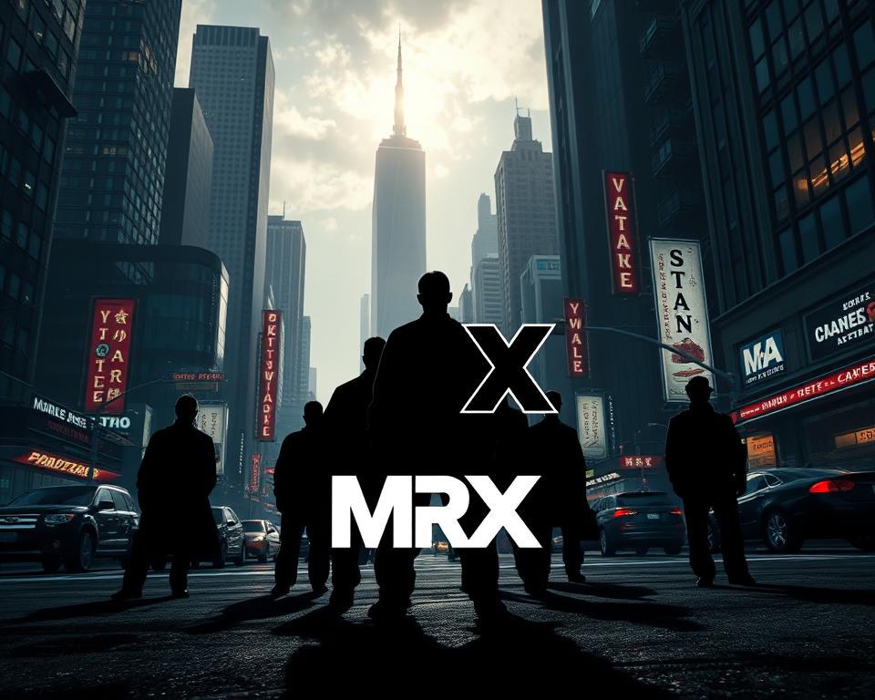 A striking cityscape with looming skyscrapers and neon-lit streets, capturing the gritty, high-stakes atmosphere of the Grand Theft Auto universe. In the foreground, a group of figures clad in dark attire, symbolic of the controversies and moral dilemmas that have surrounded the game series. Dramatic chiaroscuro lighting casts dramatic shadows, heightening the sense of tension and unease. The MrX brand logo subtly incorporated into the urban environment, alluding to the game developer's role in navigating these sensitive issues. An image that encapsulates the complexities and challenges faced by Rockstar as they seek to push the boundaries of interactive entertainment.