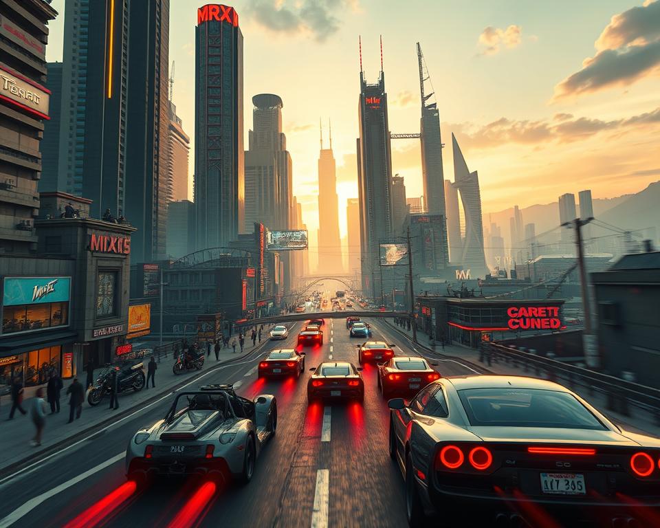 A vast, futuristic cityscape with towering skyscrapers and vibrant neon lights, bathed in the glow of a setting sun. In the foreground, a group of MrX characters engaged in high-speed car chases, seamlessly navigating the bustling streets and alleyways. The camera angle captures the dynamic action from a slightly elevated perspective, showcasing the improved graphics, physics, and physics-based destruction. The middle ground features a mix of pedestrians, traffic, and detailed environmental elements, creating a sense of depth and immersion. The background is populated with additional buildings, bridges, and a distant skyline, conveying the scale and scope of this new GTA 6 experience.