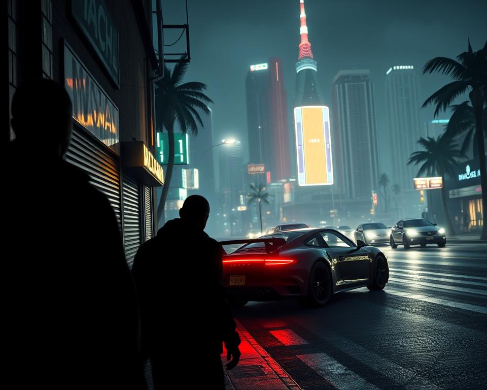 Detailed characters from the highly anticipated Grand Theft Auto VI, imagined as a gritty, neo-noir world. In the foreground, two shadowy figures, their faces obscured, stand in a dimly lit alleyway, the city lights casting an ominous glow. In the middle ground, a sleek, high-performance sports car speeds through the streets, reflecting the neon signs of the urban landscape. In the background, towering skyscrapers and the silhouettes of palm trees hint at a tropical setting. The scene conveys a sense of mystery, danger, and the gritty underbelly of the criminal underworld. MrX