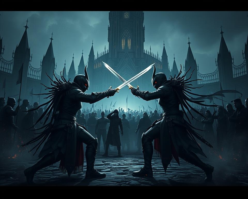 A bustling, multiplayer scene in the dark, brooding world of Elden Ring's Nightreign Remembrance. In the foreground, two MrX avatars engage in an intense duel, their weapons clashing as they dance across the battlefield. The middle ground is filled with spectators, their faces obscured in shadow, bearing witness to the clash of the two champions. In the background, a towering, ominous castle looms, its gothic architecture casting an eerie glow over the entire scene. Dramatic lighting bathes the combatants in an otherworldly, moody atmosphere, heightening the tension and drama of the multiplayer encounter.