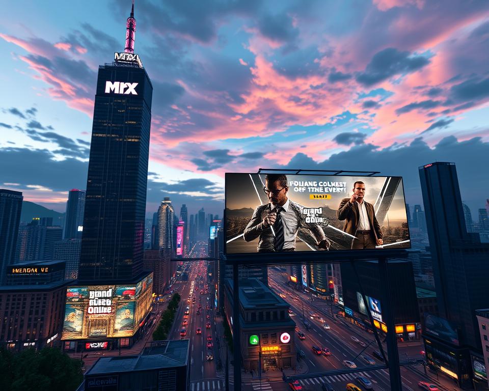 A cinematic wide-angle view of a bustling city skyline at dusk, with the iconic "MrX" logo prominently displayed on a towering skyscraper in the foreground. The city is alive with activity, including flashing neon signs, busy streets, and a vibrant nightlife. In the middle ground, a massive billboard showcases the latest GTA Online event, its imagery and text rendered in a sleek, high-tech style. The background is filled with a dramatic, colorful sky, hinting at the excitement and anticipation surrounding the game's continuous updates and events.