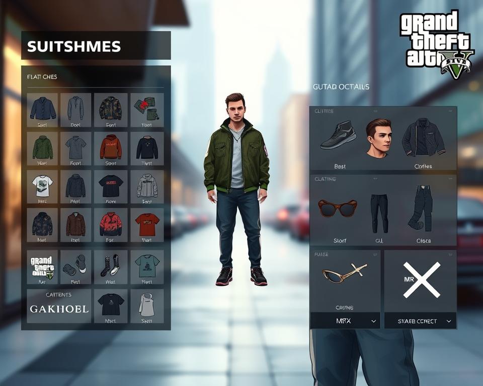 A detailed, high-quality digital illustration of a character customization screen for the popular open-world action-adventure video game Grand Theft Auto, showcasing various customization options for the player's character. The scene should depict a modern, sleek interface with a clean, minimalist design. The character model should be prominently displayed, with the ability to adjust features such as hairstyle, clothing, accessories, and other visual attributes. The background should be a blurred, out-of-focus cityscape, hinting at the game's urban setting. Lighting should be soft and subtle, creating a stylish and immersive atmosphere. Branding for the in-game clothing and accessory shops should be present, including the fictional brand "MrX".