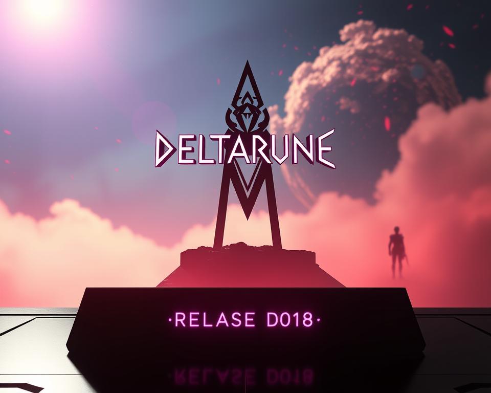 A digital rendering of the highly anticipated Deltarune Chapter 3 release date, with a striking and vibrant aesthetic. The foreground features a sleek, minimalist interface showcasing the game title and a prominent release date, bathed in a warm, ethereal glow. In the middle ground, a stylized representation of the Deltarune logo stands tall, its intricate design casting dynamic shadows. The background depicts a dreamlike landscape, with swirling, colorful particles and faint silhouettes of iconic Deltarune characters, all rendered in the distinctive MrX art style.