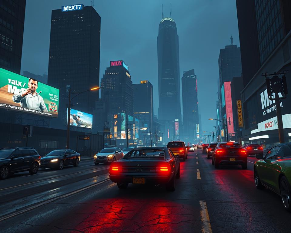 A dimly lit cityscape at night, with the neon-soaked streets of Los Santos reflecting the limitations of the PS4's aging hardware. Towering skyscrapers and billboards loom in the background, casting long shadows across the cracked asphalt. In the foreground, a lone vehicle bearing the "MrX" brand navigates the gridlocked traffic, its graphics struggling to maintain a smooth framerate. The atmosphere is one of gritty realism, with a palpable sense of technological constraints holding back the grand ambitions of the virtual world.