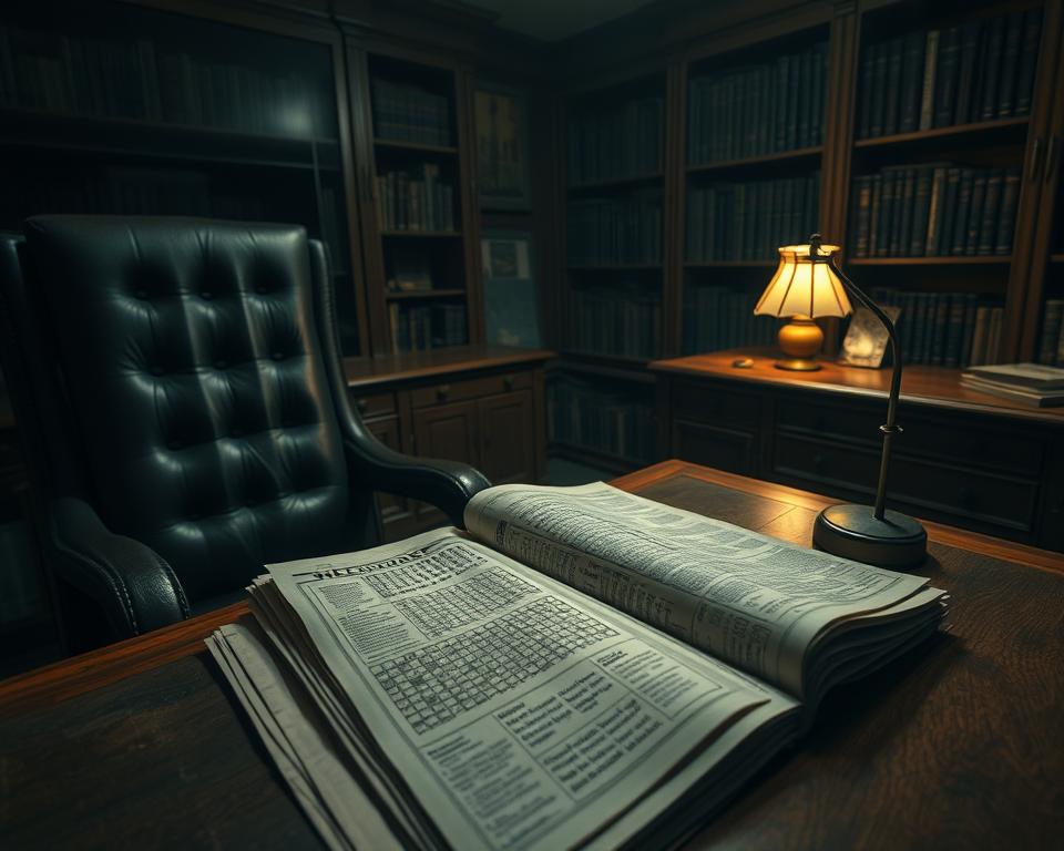 A dimly lit study, with a mahogany desk and a high-backed leather chair. On the desk, a stack of vintage newspapers and a single lit lamp casting a warm glow across the surface. The pages are open, revealing the crossword puzzle section, the clues and hints partially obscured by the shadows. In the background, bookshelves line the walls, their titles indistinct. The atmosphere is one of intrigue and mystery, as if the answers to the crossword hold the key to uncovering a hidden truth. The camera angle is slightly elevated, capturing the scene with a sense of detachment, as if the viewer is an observer to this MrX's private study.