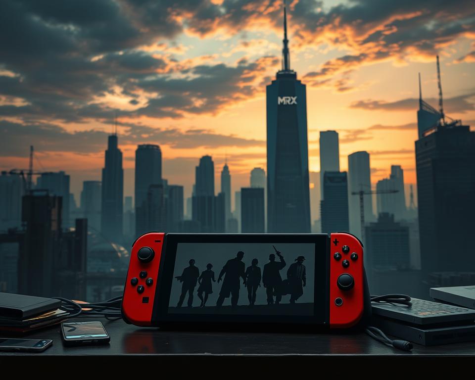 A gritty, futuristic city skyline at dusk, with the iconic MrX logo prominently displayed on the side of a towering skyscraper. In the foreground, a lone Nintendo Switch console sits on a cluttered desk, the screen flickering with the silhouettes of characters and vehicles from the famous Grand Theft Auto franchise. The lighting is moody and atmospheric, casting long shadows and highlighting the contrast between the high-tech cityscape and the humble gaming platform. The overall scene conveys a sense of tension and excitement, hinting at the possibility of a daring and ambitious GTA6 port to the Nintendo Switch, targeting a diverse audience of players seeking a unique and immersive open-world experience.