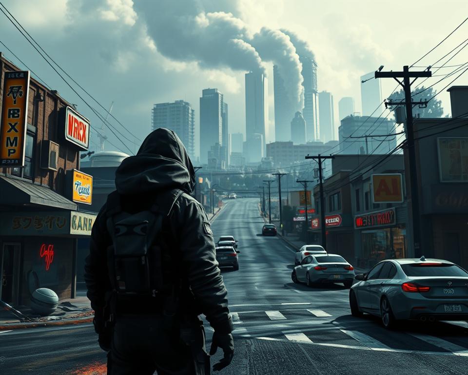 A gritty, urban street scene with a focus on the character "MrX", a savvy GTA Online player navigating the game's hazards. In the foreground, MrX stands vigilant, wearing a dark hoodie and tactical gear, scanning the environment for potential dangers. The middle ground features a winding road lined with run-down buildings, neon signs, and abandoned cars, capturing the game's seedy, high-stakes atmosphere. In the background, a looming cityscape with skyscrapers and billowing smoke hints at the larger GTA Online world. Dramatic lighting casts long shadows, creating a moody, high-contrast aesthetic. The overall scene conveys the experience of an experienced player adeptly avoiding common pitfalls and earning big in the game.