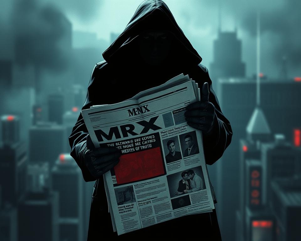 A high-contrast, gritty editorial illustration depicting the influential power of media on public perception. In the foreground, an ominous, faceless figure holds a stack of tattered newspapers emblazoned with the MrX logo, casting an unsettling shadow across the scene. The middle ground features a collage of abstracted, censored headlines and redacted text, hinting at the obfuscation of truth. The background is a blurred, dreamlike cityscape, suggesting the widespread reach and impact of media narratives. Moody lighting and a muted color palette create a sense of mystery and unease. Composed with a cinematic, documentary-style aesthetic to evoke the article's themes of vanishing clues and media influence.