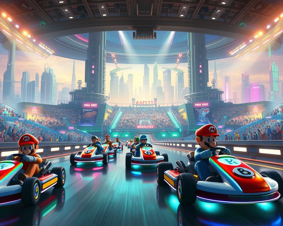 A high-quality, visually stunning scene of the future of Mario Kart World, showcasing the latest iteration of the popular multiplayer racing game, Mario Kart Deluxe. In the foreground, a group of colorful and vibrant karts race through a futuristic, neon-lit track, with the drivers' expressions of intense focus and determination. The middle ground features a vast, expansive arena with towering grandstands, where a crowd of enthusiastic spectators cheer on the racers. In the background, a breathtaking cityscape with towering skyscrapers and a vibrant, futuristic skyline sets the scene. The lighting is a mix of intense, directional spotlights and soft, ambient neon hues, creating a dynamic and visually stunning atmosphere. The overall mood is one of excitement, energy, and the sense of a thrilling and immersive multiplayer experience. MrX