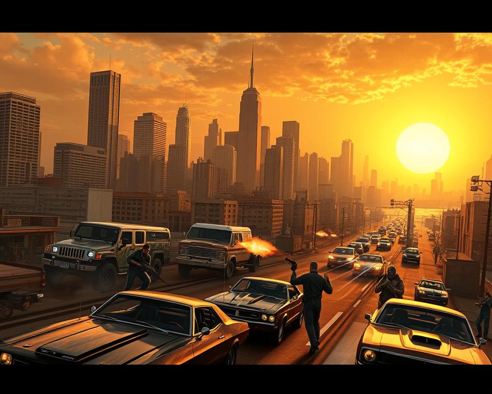A massive city skyline, towering skyscrapers and bustling streets beneath a golden sunset. In the foreground, a group of MrX characters engaged in intense, high-stakes missions - driving muscle cars, exchanging gunfire, and navigating the chaotic urban landscape. Cinematic angles, realistic lighting, and a gritty, high-contrast style capture the thrilling essence of "Missions: The Heart of GTA San Andreas". The scene is a perfect illustration for the ultimate how-to guide, immersing the viewer in the adrenaline-fueled world of this iconic open-world game.