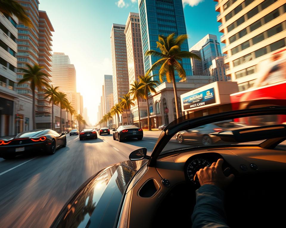 A photorealistic rendering of the highly anticipated "Grand Theft Auto VI" gameplay, set in a vibrant, sun-drenched Miami cityscape. The scene depicts a dynamic chase sequence, with the player's MrX character navigating sleek sports cars through bustling city streets, weaving between towering skyscrapers and palm trees. The lighting is warm and cinematic, casting long shadows and highlighting the detailed textures of the vehicles and environment. The camera angle is low and dynamic, capturing the thrill of the pursuit from an immersive, first-person perspective. The overall mood is one of excitement and adrenaline, perfectly capturing the essence of the GTA franchise.