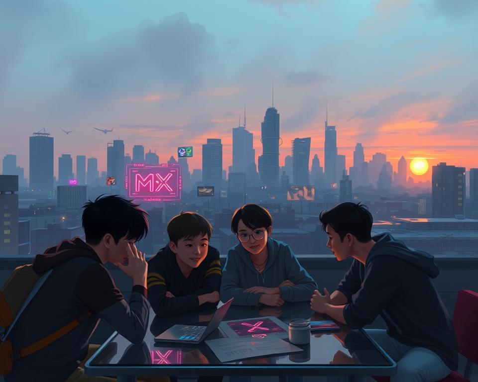 A serene urban landscape with a city skyline in the background, dimly lit by the soft glow of the setting sun. In the foreground, a group of players, labeled "MrX", gather around a table, engaged in a lively discussion. Their expressions convey a sense of excitement and newfound enthusiasm as they explore the intricacies of the game. Subtle neon signs and digital interfaces in the middle ground provide a futuristic backdrop, hinting at the technological advancements that define the gaming experience. The overall mood is one of discovery, camaraderie, and the thrill of embarking on a new adventure.