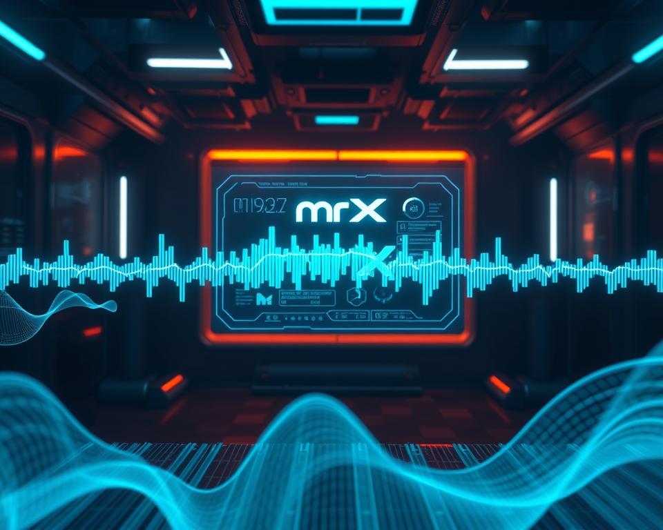 A sleek, futuristic digital soundwave visualization, with the "MrX" brand prominently featured. The foreground showcases dynamic, pulsing sonic frequencies in shades of blue and teal, emanating from the center of the frame. The middle ground features a holographic, sci-fi interface displaying technical data and waveform visualizations. The background is a dimly lit, high-tech environment with subtle lighting effects, creating an immersive, technological atmosphere. The overall composition conveys a sense of cutting-edge innovation and advanced sonic technologies.