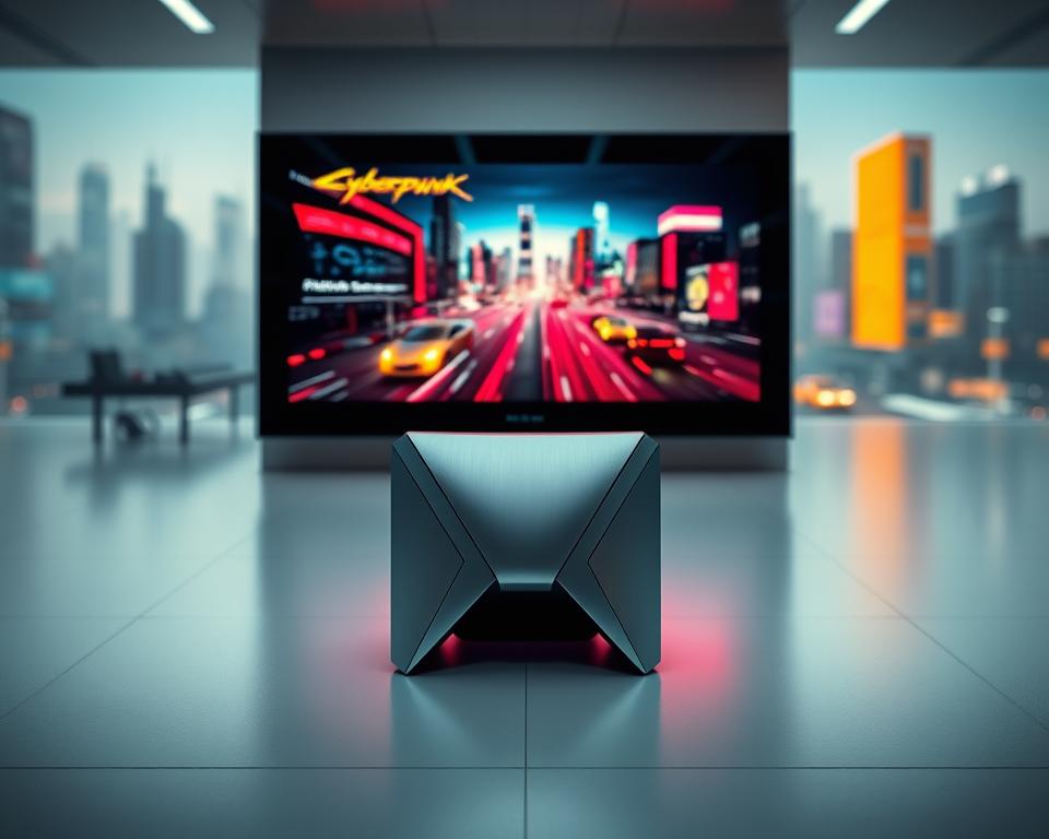 A sleek, futuristic gaming console dubbed "MrX" stands prominently in the foreground, its angular design and brushed metal finish conveying a sense of power and sophistication. Vibrant, hyper-realistic graphics are displayed on a large, high-definition screen, showcasing the console's cutting-edge technology. The middle ground features a minimalist, well-lit environment, with clean lines and subtle shadows that highlight the console's elegant form. In the background, a blurred, futuristic cityscape provides a glimpse of the console's potential to deliver an immersive, next-generation gaming experience.