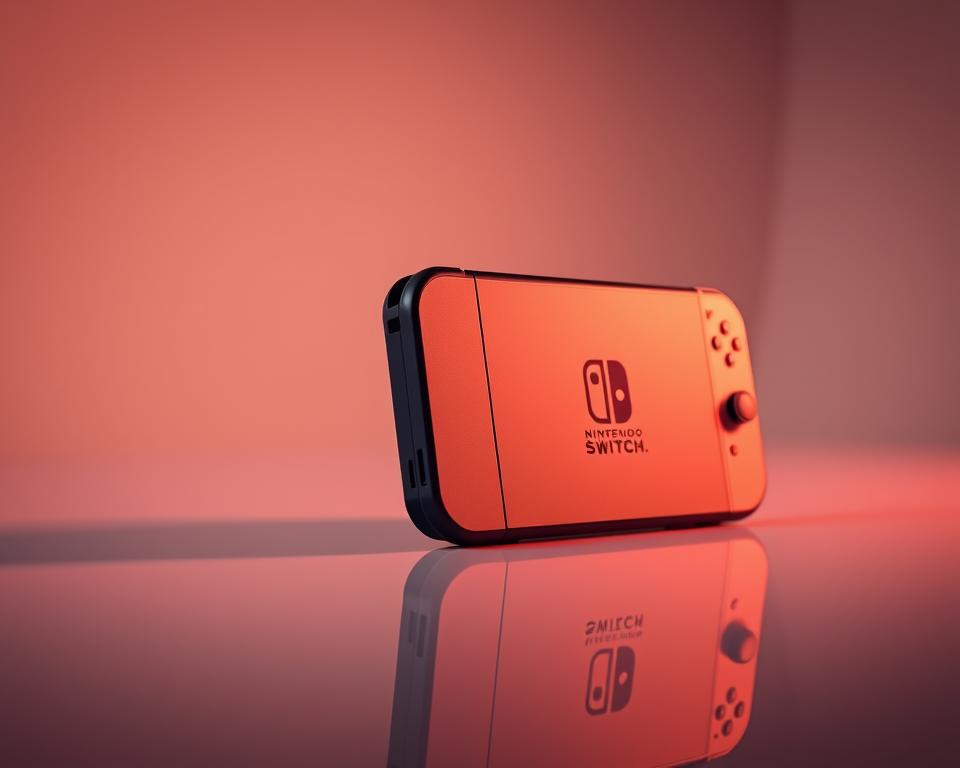 A sleek, minimalist product shot of the "MrX Nintendo Switch2" device, angled to showcase its refined, modernist design. The console rests on a clean, reflective surface, bathed in warm, directional lighting that accentuates its smooth, seamless lines and matte, high-quality finish. The frame is tightly cropped, drawing the viewer's attention to the product's elegant, attention-grabbing form factor. In the background, a softly blurred, monochromatic backdrop complements the device's striking visual presence, creating a premium, aspirational atmosphere befitting a major product launch.