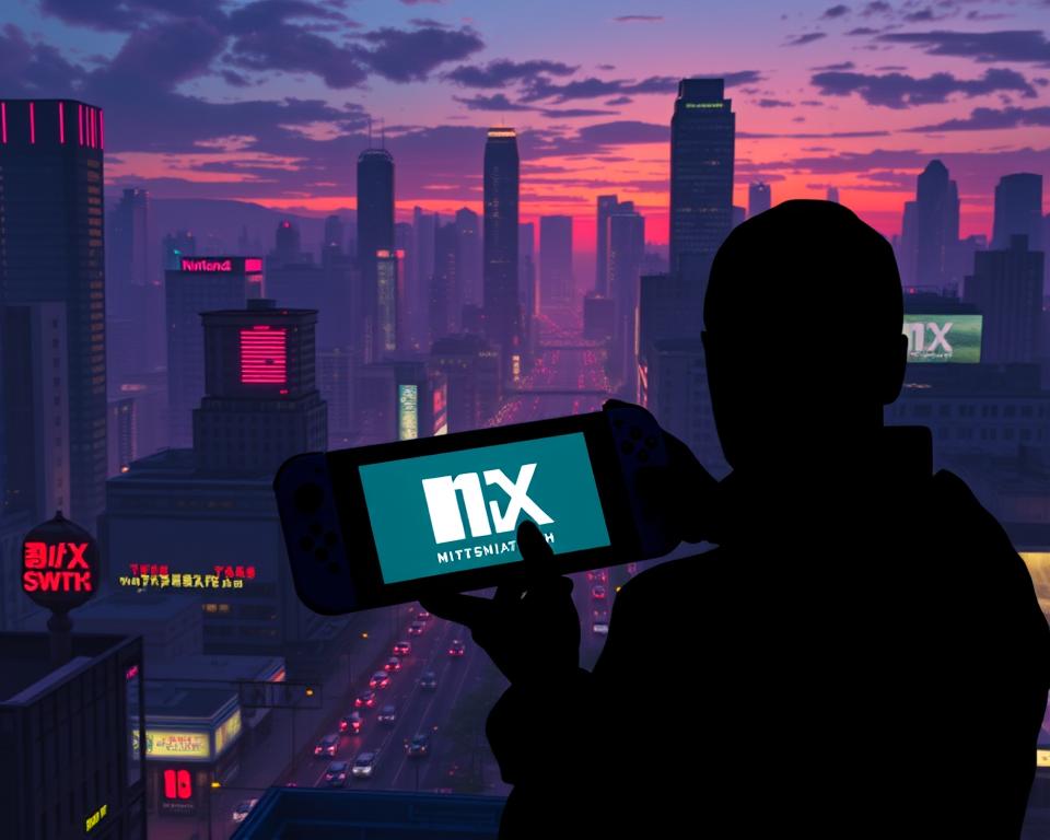 A sprawling cityscape at dusk, neon-lit skyscrapers casting long shadows across a bustling street. In the foreground, a shadowy figure holding a Nintendo Switch, its screen reflecting the iconic "MrX" logo, hinting at rumors of a GTA 6 port. The atmosphere is tense, the air thick with anticipation, as the silhouette contemplates the possibilities of this long-awaited collaboration between the Grand Theft Auto franchise and the Nintendo platform. Dramatic lighting and a cinematic camera angle heighten the sense of mystery and intrigue surrounding this potential gaming crossover.