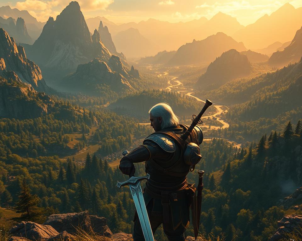 A sprawling fantasy landscape, lush with towering mountains and verdant forests. In the foreground, a rugged warrior in the iconic armor of The Witcher, poised with sword drawn, ready to face the challenges that lie ahead. Behind them, a vast array of dynamic gameplay elements come to life - intricate combat maneuvers, spell-casting abilities, and thrilling environmental interactions. The scene is bathed in warm, natural lighting, creating a sense of depth and realism. The overall mood is one of immersive adventure, with a touch of mysticism and danger befitting the world of The Witcher. MrX
