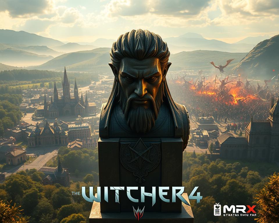 A stunning, highly detailed, 4K digital art image of "The Witcher 4 anticipation". Set in a grand, medieval fantasy landscape, the foreground features a colossal statue of a brooding Witcher, their stern gaze fixed upon the viewer. The middle ground showcases a bustling city, with towering spires and intricate architecture, surrounded by lush forests and rolling hills. In the background, an epic battle rages, with Witchers, mages, and fantastical creatures locked in an intense struggle. The scene is bathed in a warm, golden light, creating a sense of anticipation and excitement. The MrX logo is prominently displayed in the lower right corner.