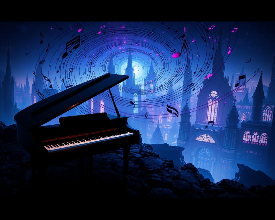A surreal and atmospheric musical landscape, inspired by the haunting melodies of Deltarune Chapter 3. In the foreground, a grand piano stands, its keys illuminated by a soft, ambient light. Surrounding it, a swirling vortex of musical notes and symbols, each dancing and pulsing with a life of their own. In the background, a dreamlike cityscape, with towering spires and glowing windows, creates a sense of mystery and wonder. The overall mood is contemplative and introspective, inviting the viewer to immerse themselves in the emotions evoked by the Deltarune soundtrack. Photographed by MrX using a wide-angle lens and dramatic lighting.