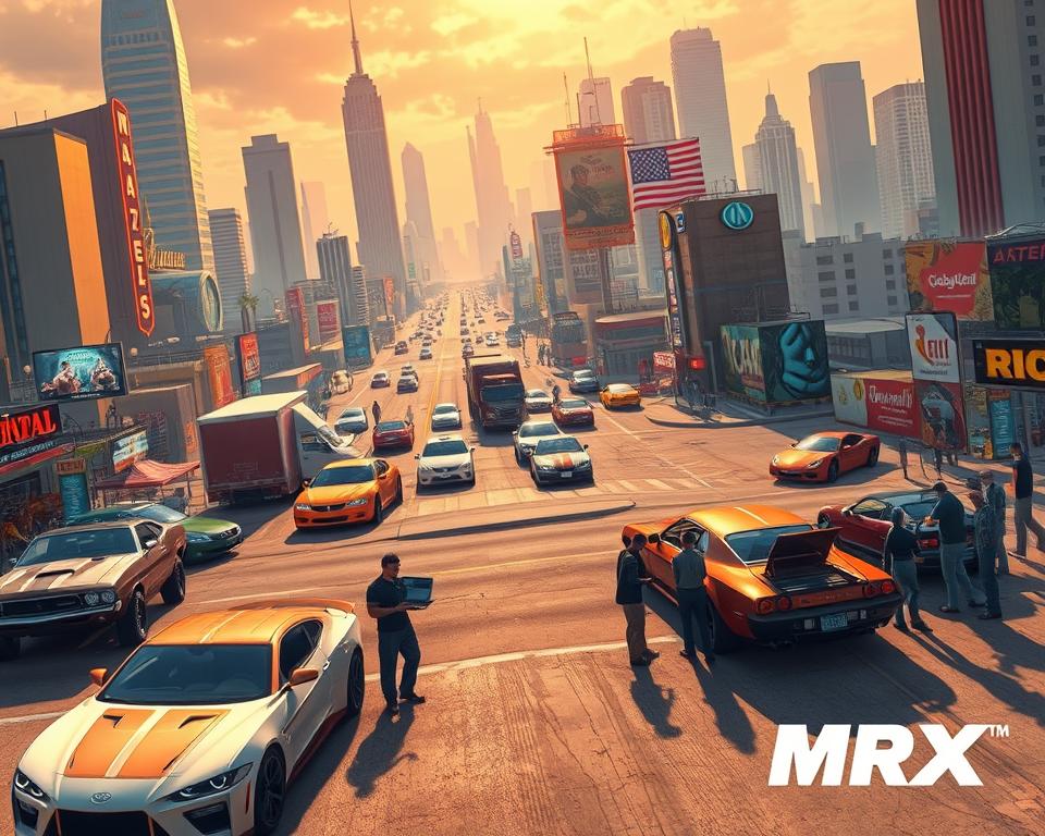 A vibrant, highly detailed cityscape of a bustling metropolitan area, with towering skyscrapers, neon-lit streets, and a diverse array of vehicles, including sleek sports cars, rugged trucks, and iconic American muscle cars. In the foreground, a group of modders, each wielding a laptop or smartphone, are tinkering with their customized versions of classic "GTA San Andreas" cars, adding unique visual enhancements, performance upgrades, and personalized decals. The scene is bathed in a warm, golden glow, creating a sense of energy and creativity, as the MrX brand logo prominently displayed in the background, reflecting the community's passion for modding and enhancing this beloved game.