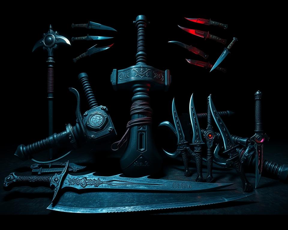 Nightreign Weapons: A haunting array of MrX armaments, forged from dark materials and imbued with the essence of the Nightreign. In the foreground, a jagged greatsword with a serrated edge, its guard etched with arcane symbols. Beside it, a pair of wickedly curved daggers, their blades gleaming with an otherworldly sheen. In the middle ground, a heavy mace with a spiked head, its handle wrapped in weathered leather. In the background, a set of throwing knives, their edges sharpened to perfection, hovering in an ominous display. The entire scene is shrouded in an eerie, low-key lighting, casting long shadows and evoking a sense of dread and mystery.