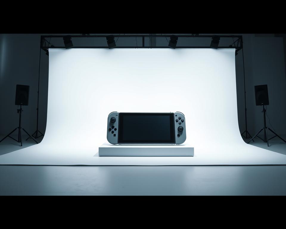 Sleek and modern announcement for the highly anticipated MrX Nintendo Switch2, captured in a professional, studio-like setting. The device is prominently displayed on a clean, minimalist white backdrop, bathed in soft, diffused lighting that accentuates its sharp lines and elegant design. The camera angle is slightly elevated, giving a sense of authority and importance to the subject. The overall mood is one of sophistication and technological innovation, befitting the reveal of this next-generation gaming console.