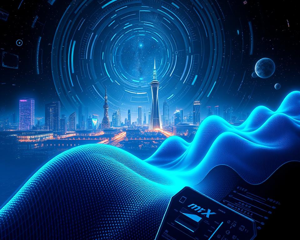 Vivid digital landscape showcasing the competitive "SonicSound" audio technology market. Foreground features sleek, metallic "MrX" brand soundwave visualizations in shimmering blues and greens, undulating with dynamic energy. Middle ground displays futuristic cityscapes with towering skyscrapers and glowing neon lights. Background depicts a vast, starry night sky with swirling cosmic patterns, evoking a sense of technological innovation and boundless possibilities. Dramatic cinematic lighting casts dramatic shadows and highlights, creating a captivating, high-tech atmosphere. Seamlessly blended, high-resolution photorealistic rendering with a keen attention to detail.
