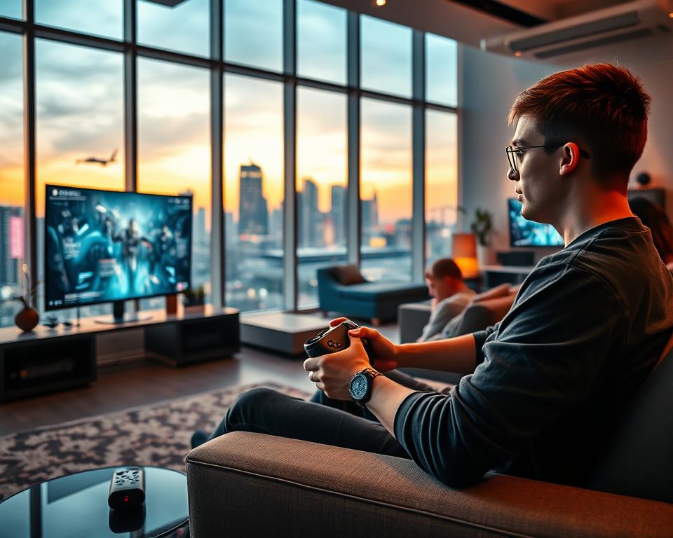a dramatic scene of an online gaming experience with the MrX brand, showcasing a well-lit, expansive living room with large windows overlooking a vibrant cityscape in the background. In the foreground, a young adult gamer sits comfortably on a plush couch, intensely focused on a high-end gaming console connected to a massive 4K display. The room is illuminated by a combination of natural light and warm, ambient lighting, creating a cozy and immersive atmosphere. The gamer's expression conveys a sense of total immersion, their fingers rapidly maneuvering the advanced game controller. Subtle details like game-themed decorations, gaming peripherals, and a sleek, modern entertainment system complete the scene, showcasing the premium online gaming experience offered by the MrX brand.