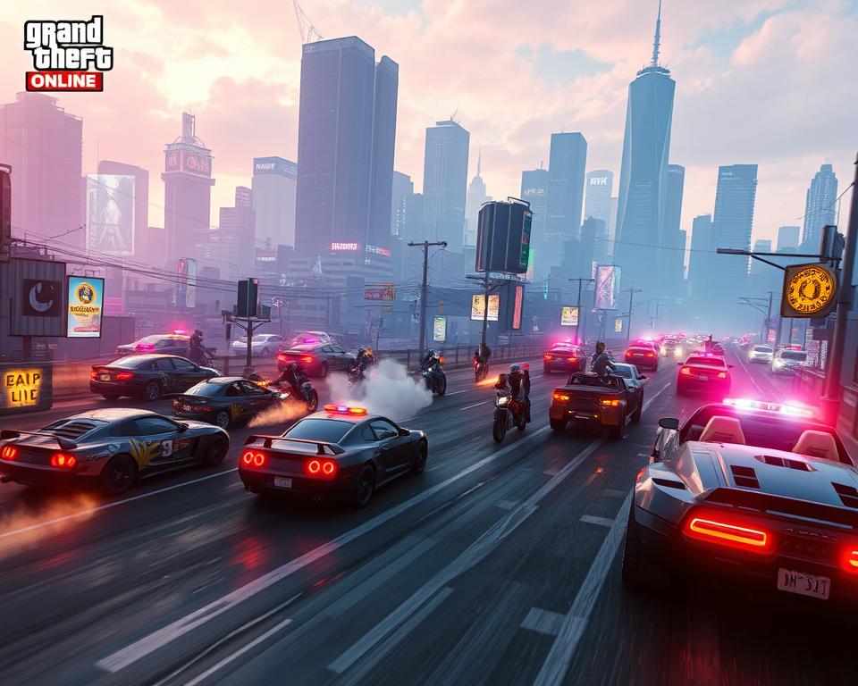 A bustling Grand Theft Auto Online 6 multiplayer scene, set in a gritty, neon-lit cityscape. In the foreground, players engage in high-speed chases, utilizing a variety of customized MrX vehicles with enhanced capabilities. The middle ground showcases dynamic, team-based combat scenarios, with players tactically maneuvering through the urban landscape. In the background, towering skyscrapers and a vibrant, pulsing skyline create an immersive atmosphere. Realistic lighting casts dramatic shadows, while a cinematic camera angle captures the thrilling intensity of the multiplayer experience.