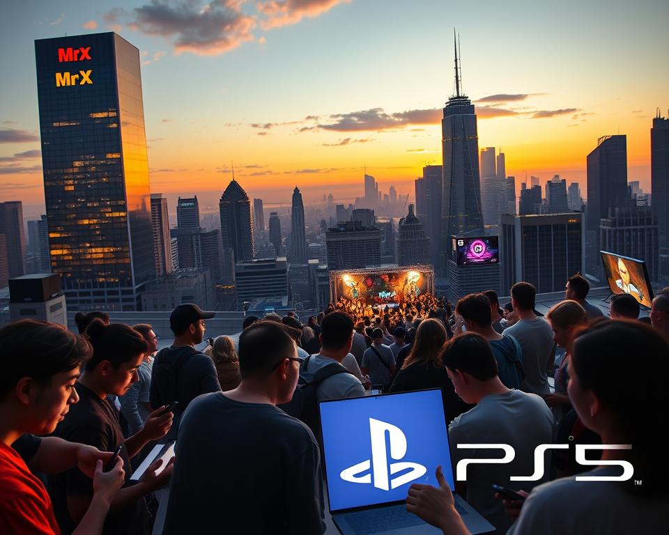 A bustling city skyline at golden hour, with the iconic "MrX" logo prominently displayed on a towering skyscraper. In the foreground, a group of enthusiastic gamers engages in a lively discussion, their faces lit by the warm glow of their laptops and smartphones. The middle ground features a vibrant community event, where fans eagerly await the latest news and updates on the highly anticipated "GTA 6" release. The background is a panoramic view of the city, with the PlayStation 5 logo subtly integrated into the architectural details. The overall scene conveys a sense of excitement, anticipation, and the strong bond between the game's developers and its dedicated fanbase.