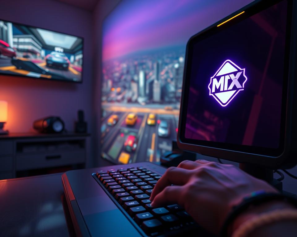 A detailed, cinematic depiction of "GTA6 updates" for the "Updates and Patches" section of the article "GTA 6 Available for PC Windows 11 Download": A close-up view of a sleek, futuristic desktop computer displaying the MrX logo, reflecting the soft glow of its neon-lit display. In the foreground, a hand hovers over the keyboard, ready to apply the latest software patch. The desktop is adorned with an array of cutting-edge peripherals, giving a sense of technological sophistication. In the background, a wall-mounted display showcases a vibrant, expansive open-world city, teeming with life and activity, representing the world of GTA6 and the promise of its continuous updates and enhancements.