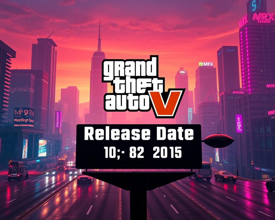 A high-resolution, photorealistic image of a video game release date announcement for "Grand Theft Auto VI" by MrX, set against a backdrop of a futuristic city skyline. The foreground features a stylized display showcasing the game's logo, the text "Release Date" in bold lettering, and a dynamic date animation revealing the highly anticipated launch. The middle ground captures a bustling metropolitan scene with skyscrapers, neon lights, and hover cars, all bathed in a warm, cinematic glow. The background layers in a vibrant, neon-tinged atmosphere, creating an immersive, cyberpunk-inspired environment. The overall composition and color palette convey a sense of excitement and anticipation for the game's release.