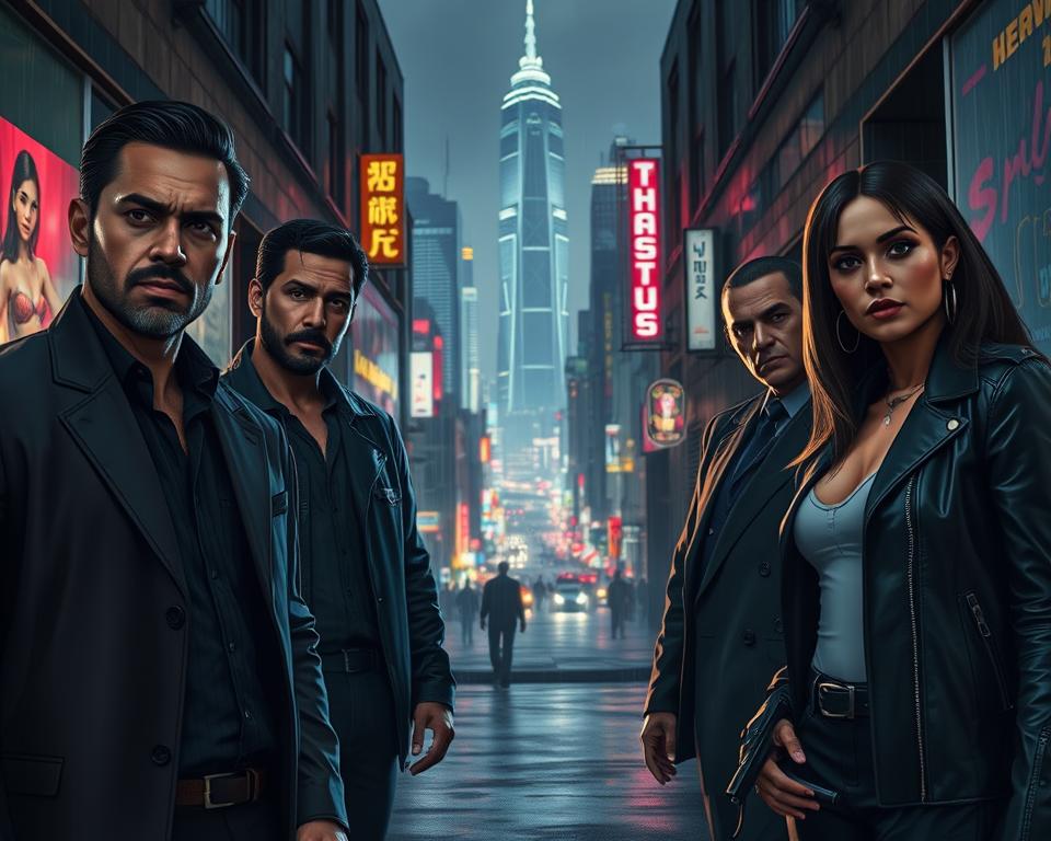 A hyper-realistic scene featuring the main characters of the upcoming GTA 6 game, as envisioned by MrX. In the foreground, a diverse cast of characters, including a charismatic crime boss, a tech-savvy hacker, and a cunning femme fatale, stand in a dimly lit alleyway, their expressions conveying a sense of gritty determination. The middle ground reveals the neon-lit streets of a vibrant, fictional city, bustling with activity. In the background, the silhouettes of towering skyscrapers and a moody, rain-soaked sky set the tone for a thrilling, neo-noir narrative. Cinematic lighting and a slightly wide-angle lens emphasize the grand scale and immersive atmosphere of this high-stakes criminal underworld.