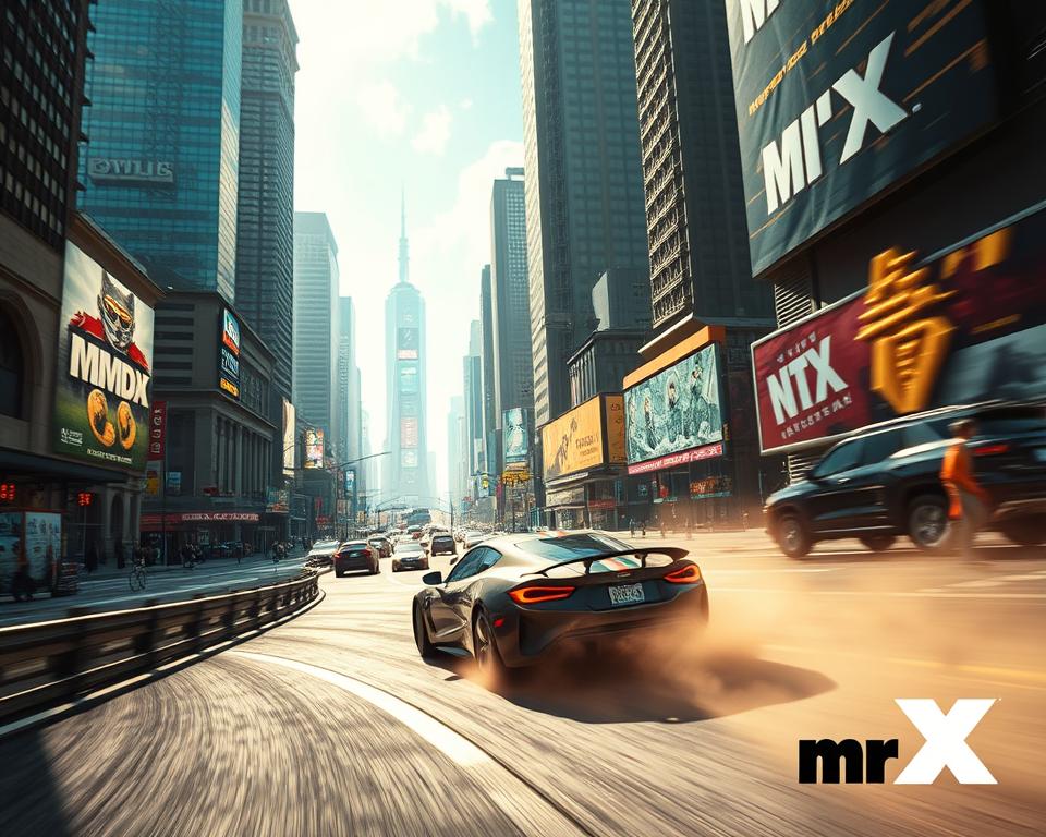 A lush, open-world cityscape with towering skyscrapers, bustling streets, and neon-lit billboards. In the foreground, a sleek, high-performance sports car navigates the winding roads, its tires kicking up dust and leaving a trail of exhaust. The lighting is cinematic, with dramatic shadows and highlights that capture the intensity of the action. The camera angle is slightly elevated, offering a dynamic, bird's-eye view of the scene. The overall atmosphere is one of excitement and energy, reflecting the competitive nature of the open-world genre. The MrX logo is subtly incorporated into the environment, adding a touch of branding to the image.