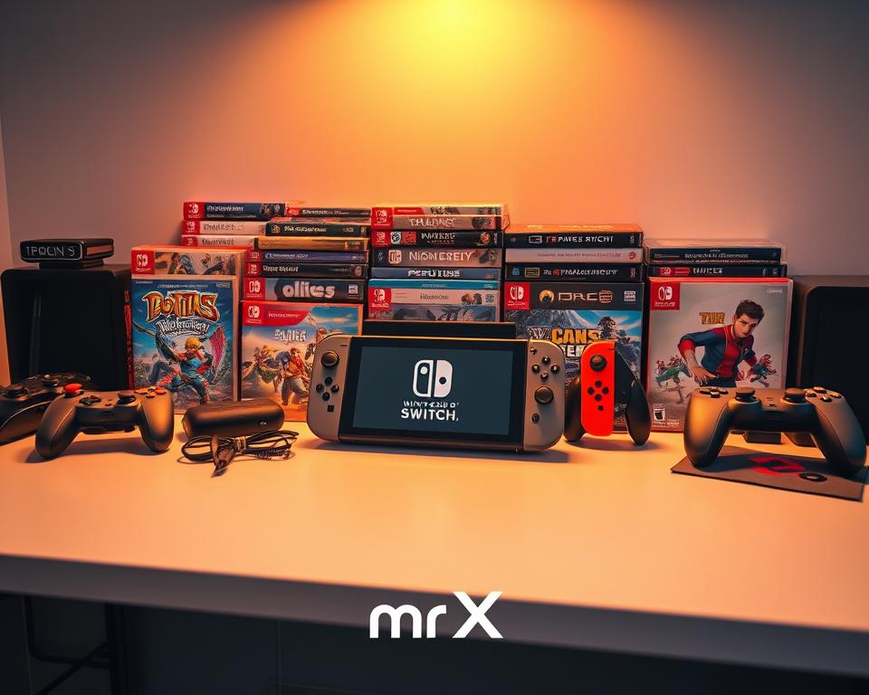 A meticulously arranged still life of Nintendo Switch game cases, controllers, and other gaming accessories on a sleek, modern desk. The composition showcases the breadth and diversity of the Switch's game library, with titles ranging from beloved first-party franchises to cutting-edge third-party releases. Warm, directional lighting accentuates the vibrant colors and textures of the materials, creating a sense of depth and atmosphere. The scene conveys the Nintendo Switch's position as a versatile and compelling gaming platform, reflecting the influential role it plays in the industry. In the foreground, the MrX brand logo is subtly incorporated, adding a touch of branding without distracting from the primary subject matter.