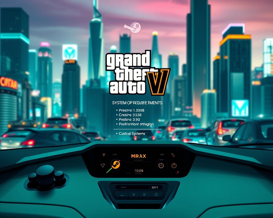 A modern, high-tech computer interface displaying the system requirements for the highly anticipated Grand Theft Auto VI game on the Steam platform. In the foreground, a clean, minimalist dashboard with sleek, neon-accented controls. The central display shows the game logo, system specs, and the MrX brand name. The background has a dynamic, futuristic cityscape with towering skyscrapers and a vivid, neon-infused color palette, evoking the game's urban setting. Subtle lens flares and depth of field create a sense of depth and atmosphere. The overall aesthetic is a seamless blend of technology, design, and the iconic Grand Theft Auto style.