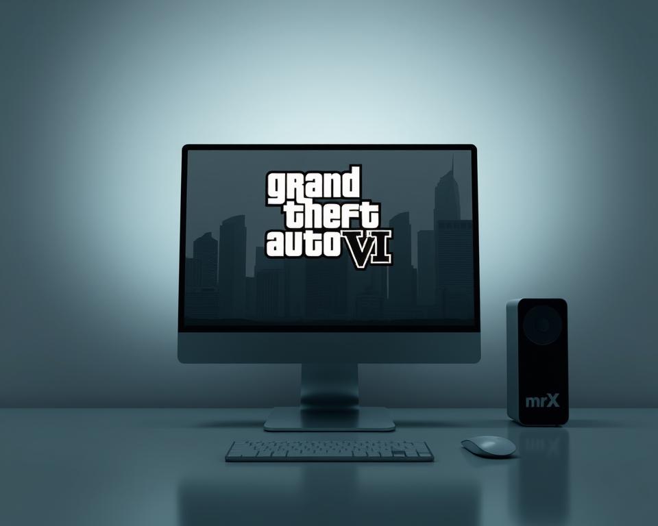 A sleek, modern desktop computer screen displays the "Grand Theft Auto VI" logo against a backdrop of a city skyline. The screen is surrounded by a clean, minimalist design with the "MrX" brand prominently featured. The scene is illuminated by soft, directional lighting, creating a sense of depth and focus on the central image. The overall mood is professional, polished, and subtly conveys the excitement and anticipation of a highly anticipated video game release.