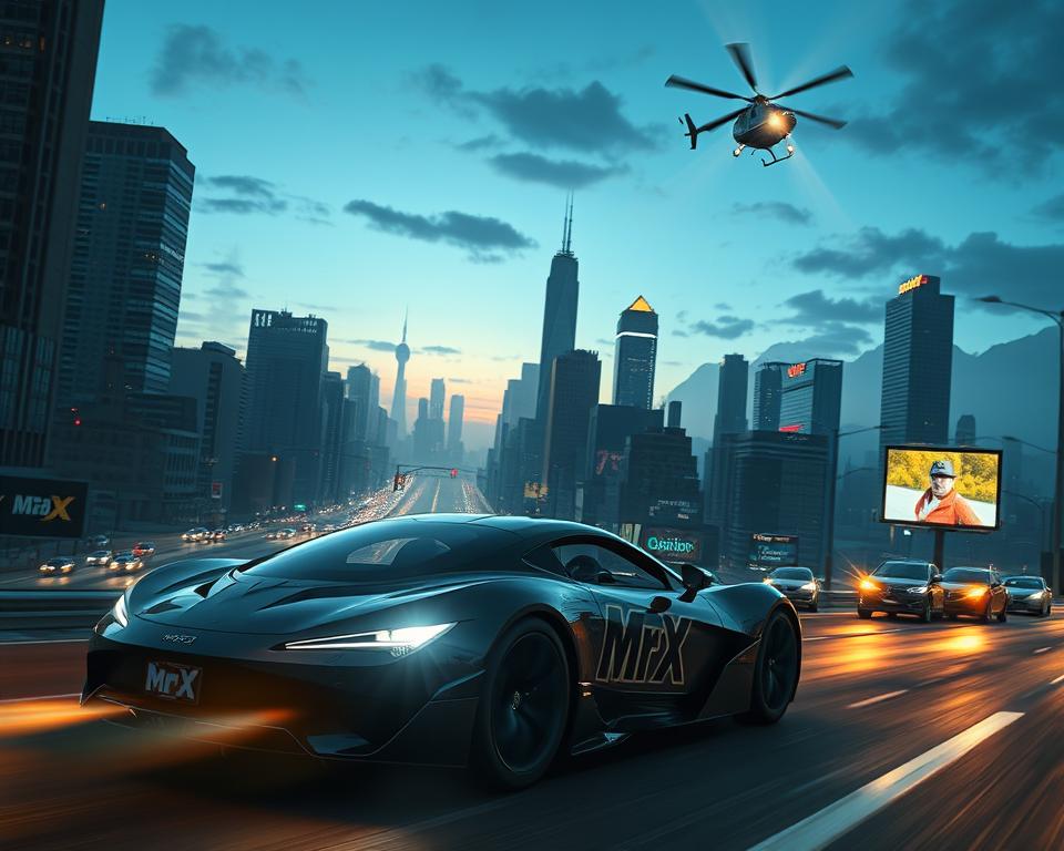 A sprawling cityscape at dusk, with towering skyscrapers casting long shadows across the streets below. In the foreground, a sleek, high-performance sports car emblazoned with the "MrX" logo navigates the chaotic traffic, its driver's hands firmly gripping the wheel. The car's headlights illuminate the road ahead, revealing the dynamic interplay of light and shadow. In the distance, a helicopter hovers, its searchlight scanning the city below, hinting at the high-stakes, thrilling gameplay of GTA6. The overall scene conveys a sense of energy, excitement, and the gritty, immersive world of the latest installment in the Grand Theft Auto franchise.