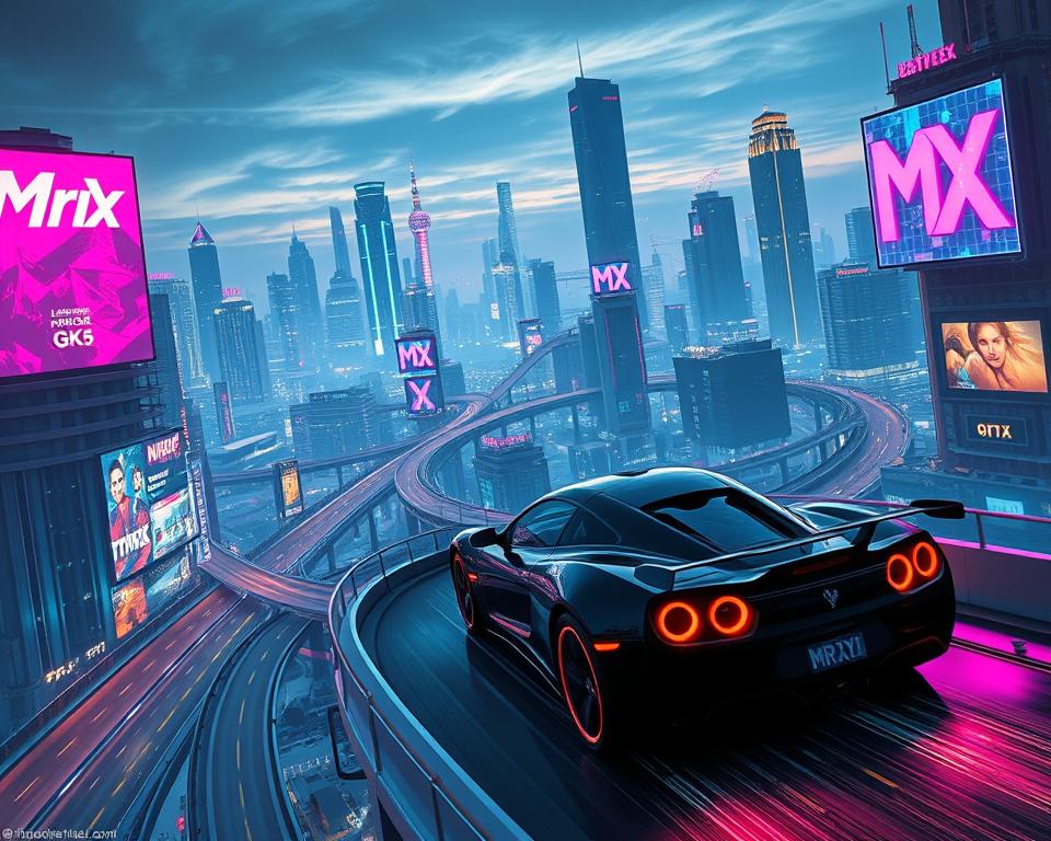 A sprawling futuristic cityscape, bathed in neon lights and holographic billboards, with the iconic "MrX" logo prominently displayed. In the foreground, a sleek, hover-enabled sports car navigates the winding, elevated highways, while in the distance, skyscrapers reach towards the cyberpunk-inspired sky. The scene conveys a sense of technological advancement and the promise of innovative new features and content for the highly anticipated "GTA6" game. The image should evoke a sense of excitement and anticipation for the future of the franchise.