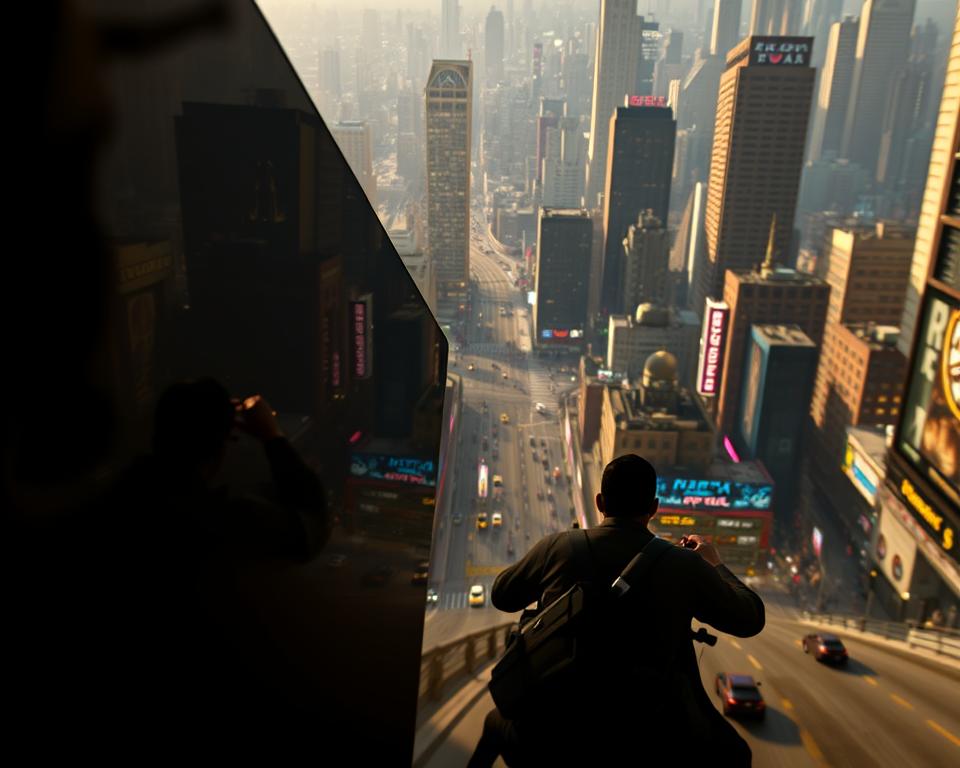 A sprawling metropolis teeming with activity, a bustling cityscape reflected in the sleek exterior of an Xbox Series X console. In the foreground, the player's avatar, "MrX", navigates the streets with precision, evading law enforcement as they explore the rich, open world of GTA 6. Cinematic lighting casts dramatic shadows, heightening the sense of intensity and danger. The camera angle is dynamic, capturing the action from a low, cinematic perspective, immersing the viewer in the experience. The mood is one of high-octane thrills, where each decision and maneuver can make the difference between success and failure. This is the world of GTA 6, a masterclass in open-world gameplay, brought to life on the powerful Xbox Series X.