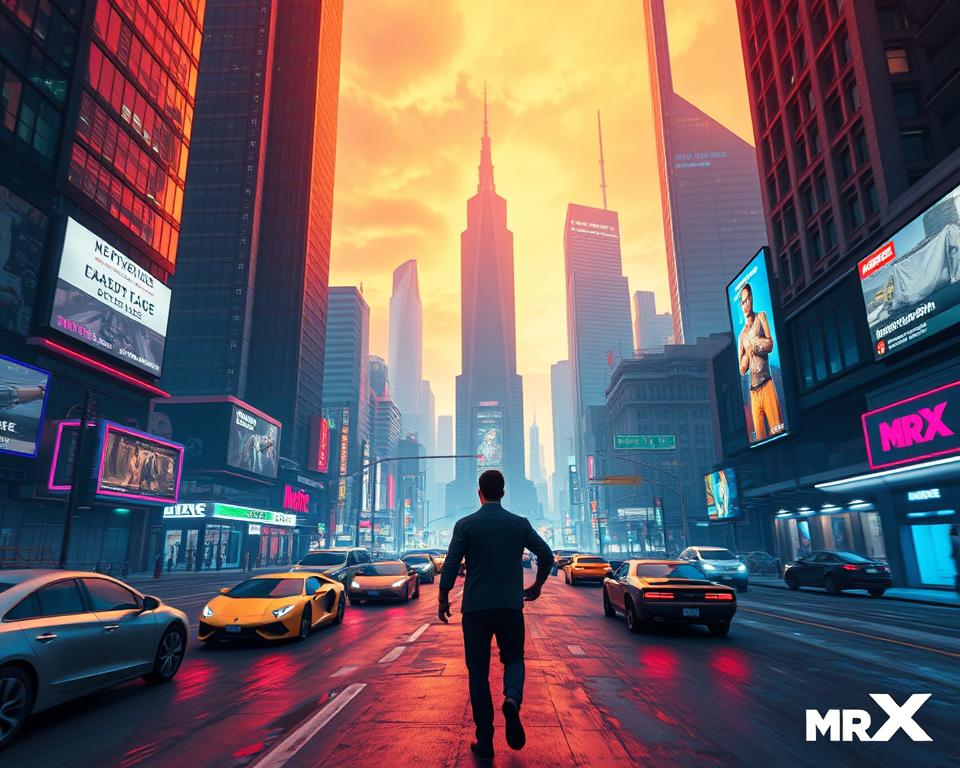 A stunning, photorealistic image of a futuristic, open-world city landscape, showcasing the advanced technology and innovative gameplay of GTA6. In the foreground, the player character navigates the bustling streets, their movements captured with cinematic clarity. The middle ground features towering skyscrapers, sleek transportation, and a seamless blend of realistic environments. The background is illuminated by a vibrant, neon-infused skyline, creating an immersive and visually captivating atmosphere. The image is captured through the lens of a high-quality, state-of-the-art camera, emphasizing the game's cutting-edge graphics and attention to detail. Branding for MrX is subtly incorporated into the scene, enhancing the overall visual impact.